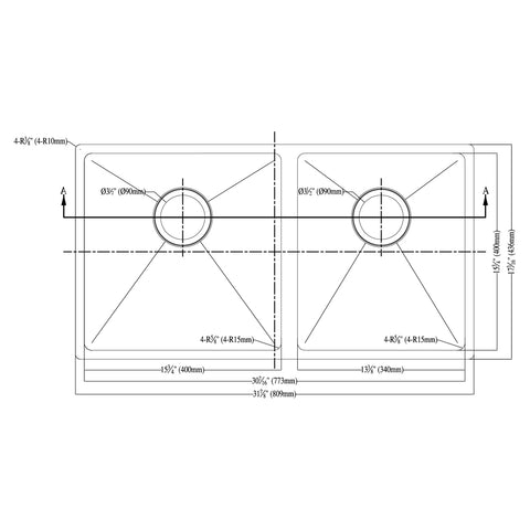 301616 CORNER RADIUS DOUBLE BOWL SINK