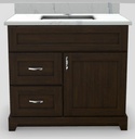 36" LH Drawer Standard Vanity Shaker with Curved Handles and 1-Hole Quartz Top