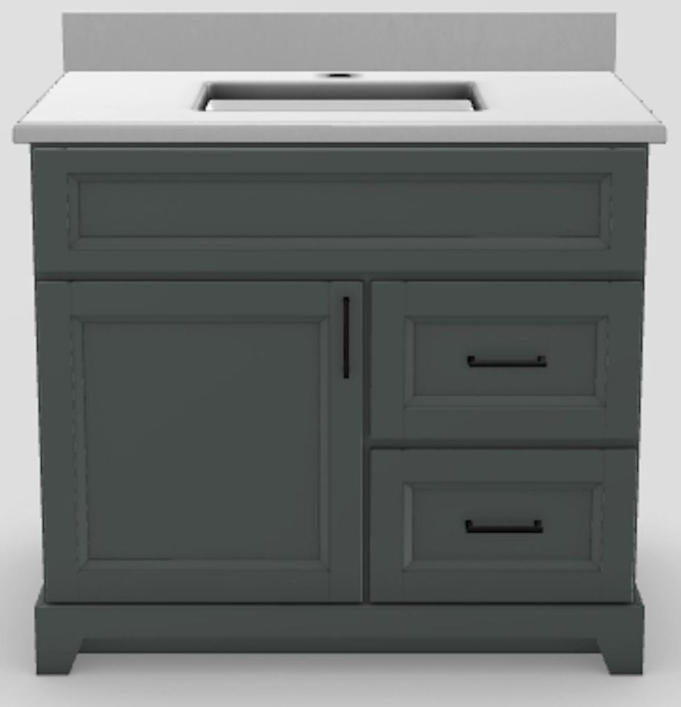 36" RH Drawer Standard Vanity Bellrose with Square Handles and 1-Hole Quartz Top