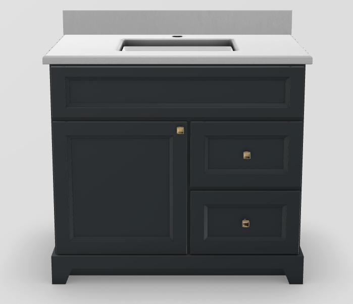 36" RH Drawer Standard Vanity Bellrose with Prestige Handles and 1-Hole Quartz Top