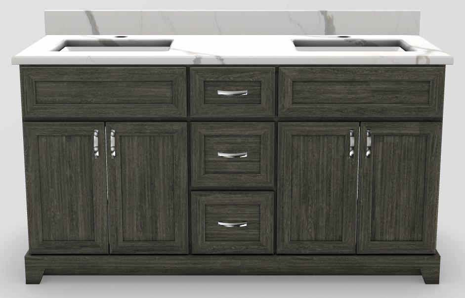 60" Double Sink Standard Vanity Modern Shaker with Curved Handles and 1-Hole Quartz Top