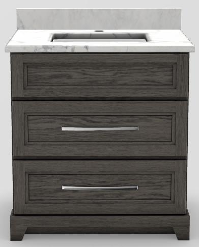 30" Dresser Standard Vanity Curved with Long Bevelled Handles and 1-Hole Quartz Top