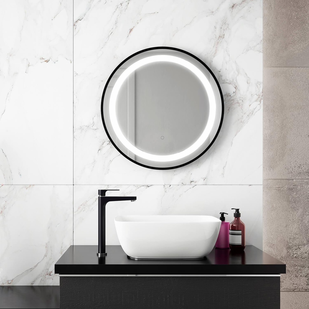 Effect Illuminated 24" Round Bathroom Mirror with Black Frame