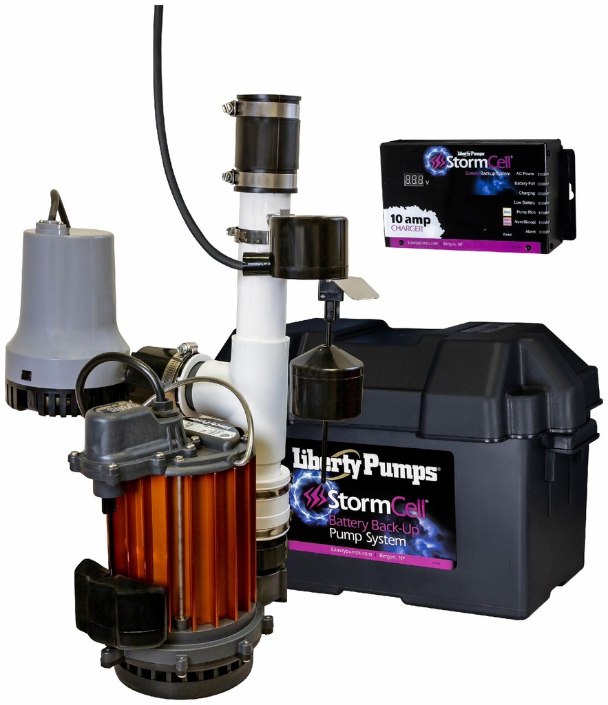 1/2 HP Battery back-up Pump combo, models 457 & 441 assembled, 115V, 12V StormCell 10A charger.