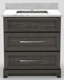 [2570267] 30" Dresser Standard Vanity Curved with Long Bevelled Handles and 1-Hole Quartz Top